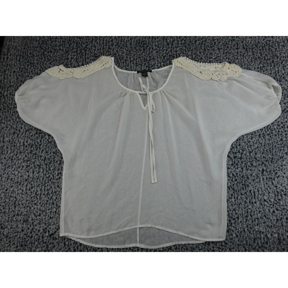 American Dream Blouse Womens Medium White Crochet Lace Tie Neck Sheer Boho